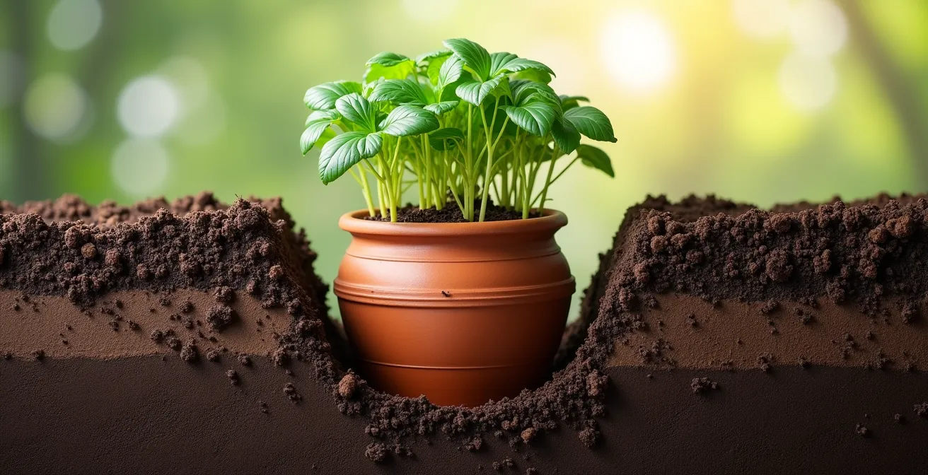 Underground clay pot irrigation system showing water seepage through terracotta walls