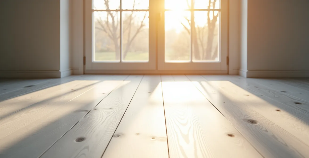 Dramatic sunlight casting shadows across light-colored PVC flooring near large window