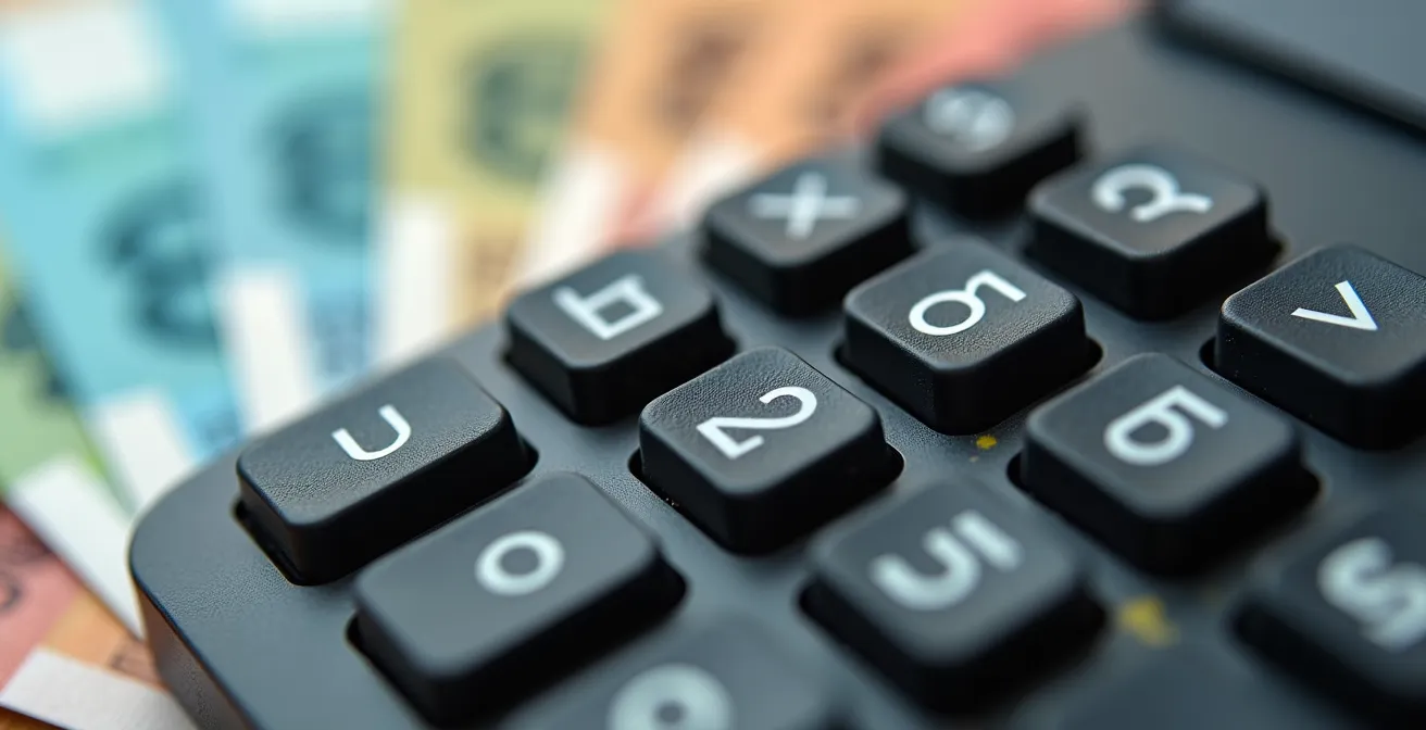Macro shot of calculator keys with international currency in soft focus background