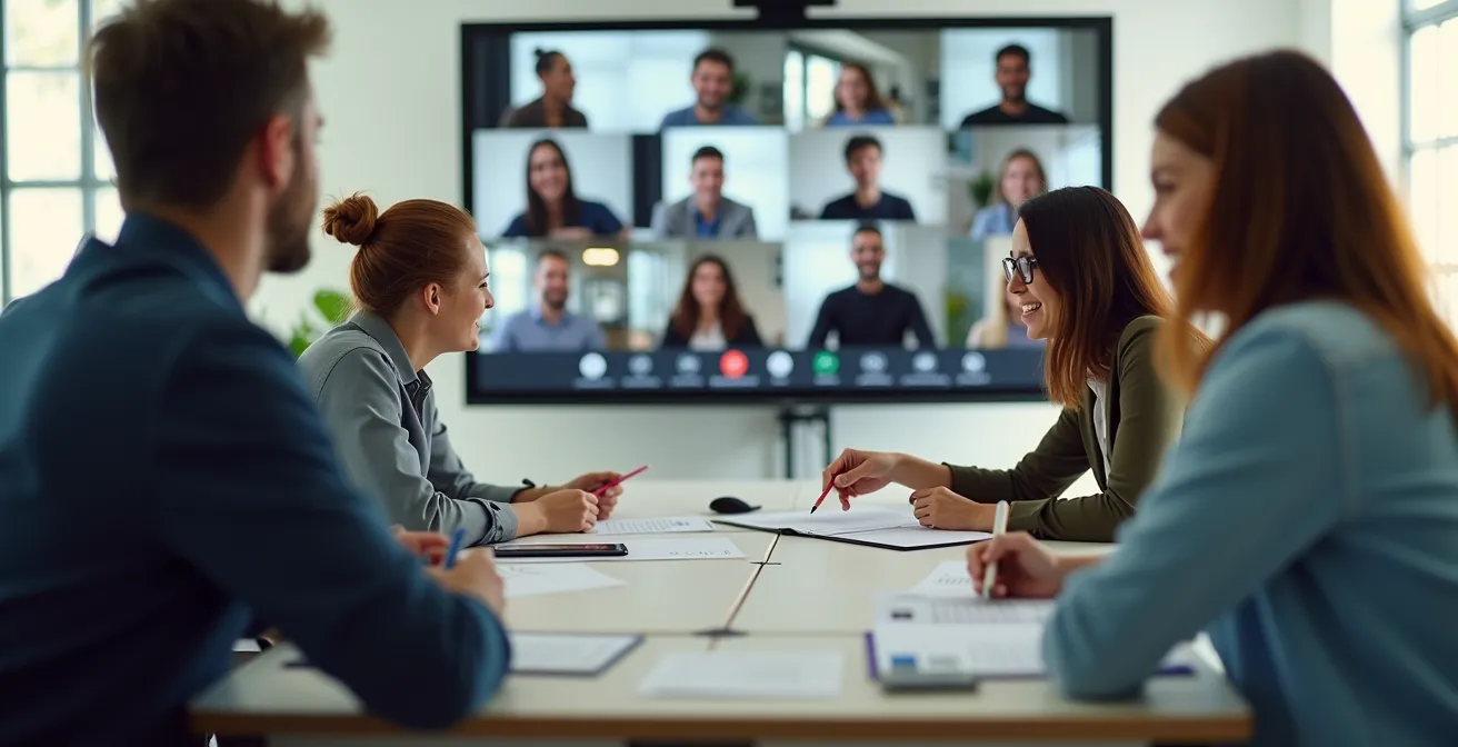 Diverse team collaborating in a modern meeting room with both in-person and remote participants visible on screen
