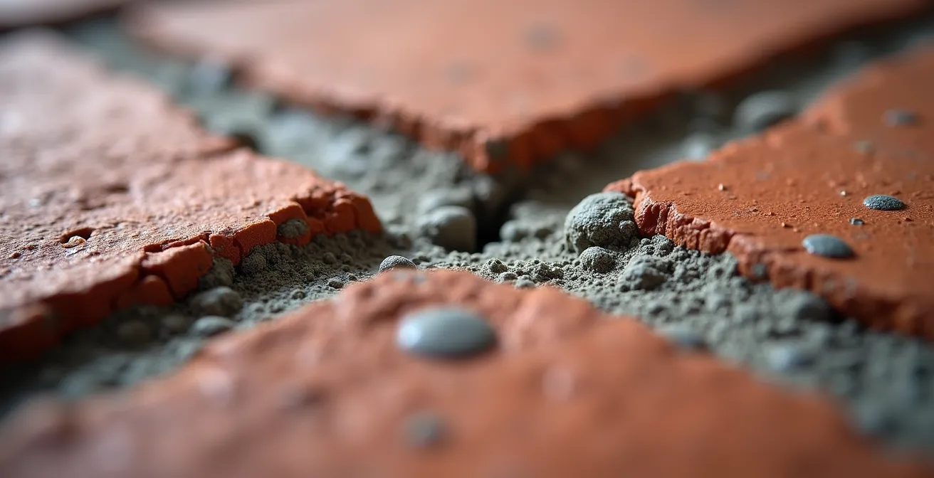 Extreme close-up of the V-cut groove repair technique in a masonry wall, showing a flexible mortar being applied into the precisely cut channel for a durable fix.