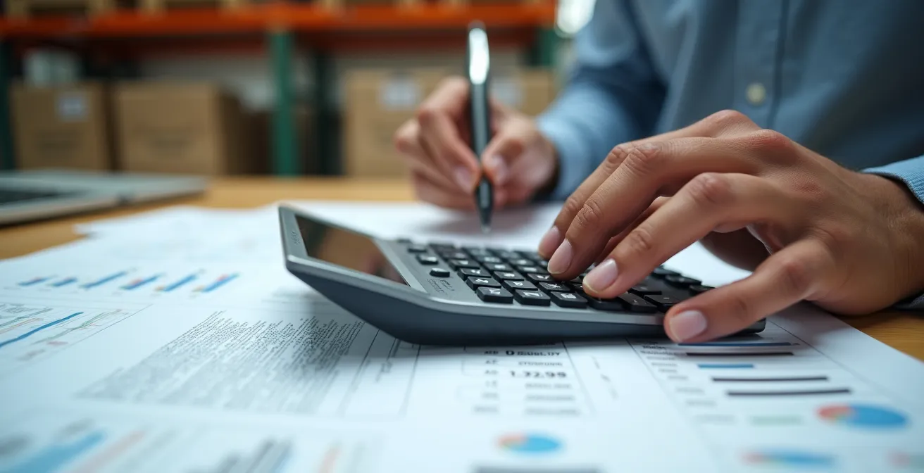 Close-up of warehouse manager's hands marking price adjustments on inventory sheets