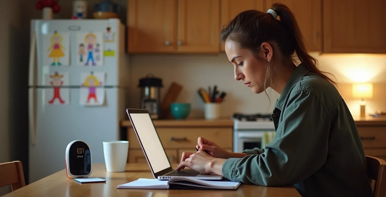 A focused parent studying at a kitchen table in the early morning, with a notebook and a baby monitor nearby.