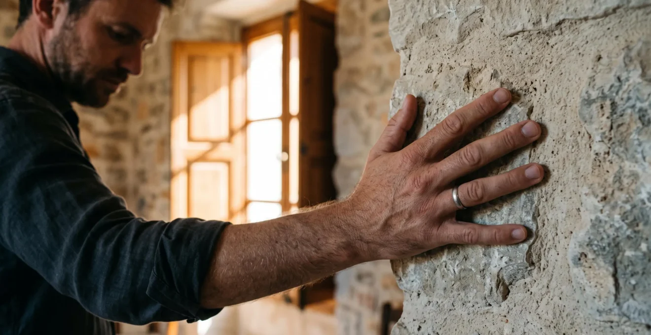 A man's hand resting flat against a cool interior stone wall while warm sunlight enters through a partially shuttered window behind.
