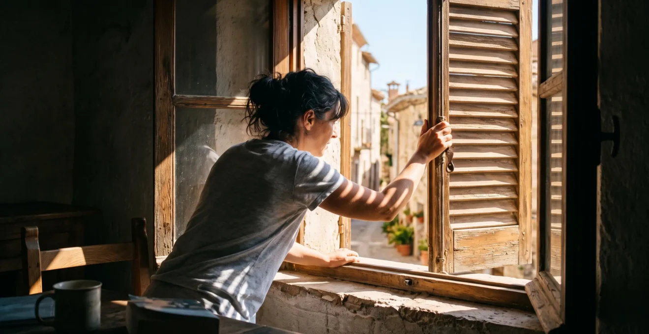 A woman closing a slatted wooden external shutter from inside a dim room, with striped sunlight shadows across the window frame.