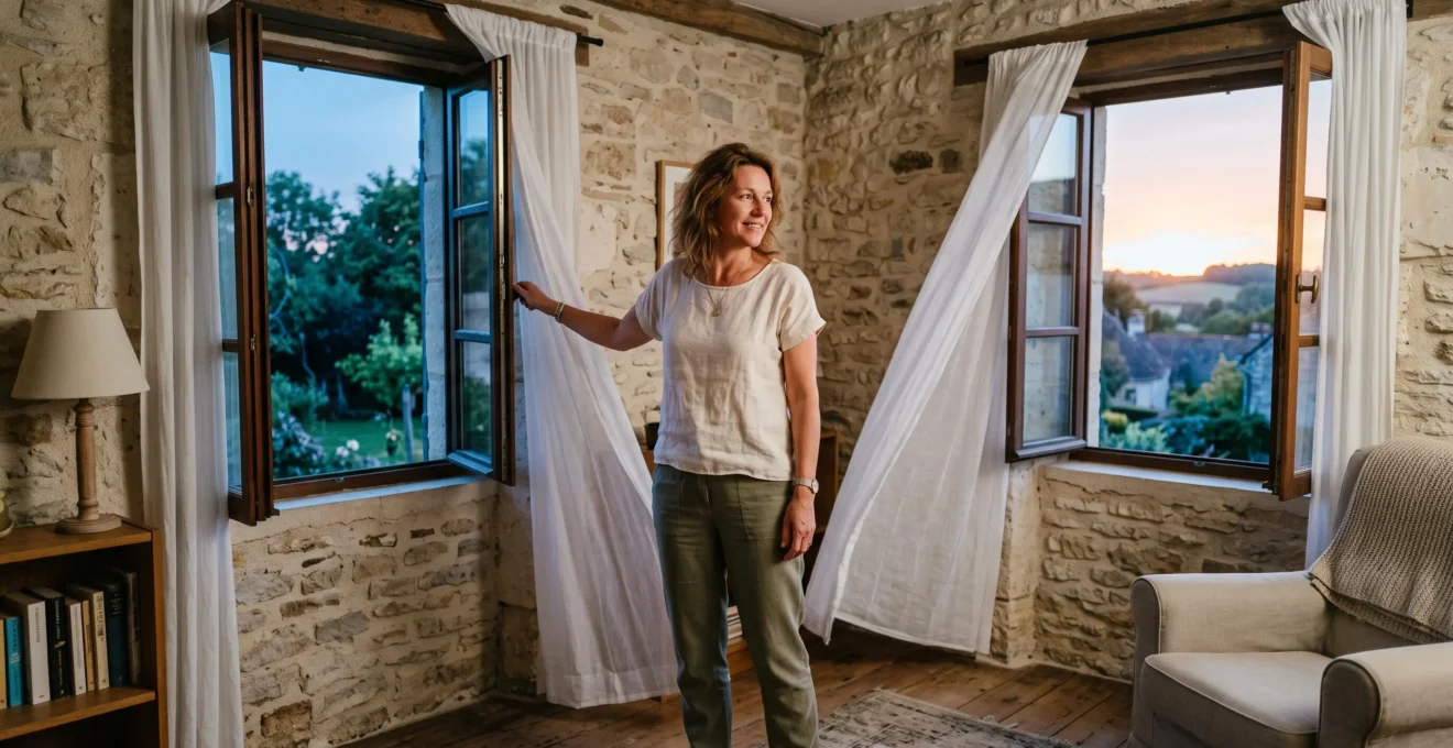 A woman opening windows on both sides of a stone living room at dusk to create a cross-ventilation airflow, with curtains moving in the breeze.