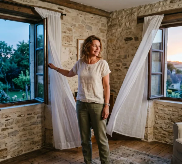 A woman opening windows on both sides of a stone living room at dusk to create a cross-ventilation airflow, with curtains moving in the breeze.